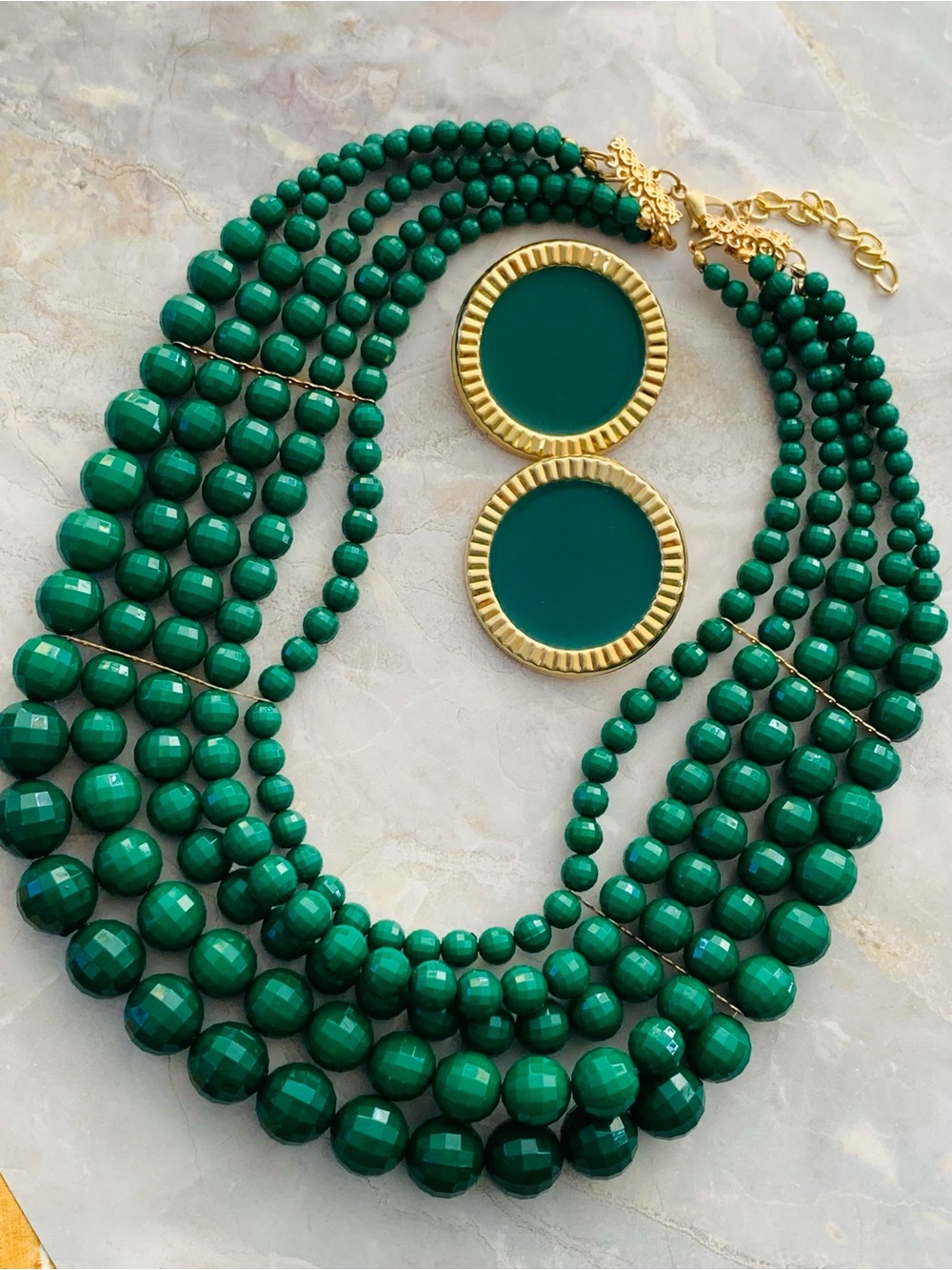 Emerald Green Multi-Strand Acrylic Beaded Necklace and Earrings Set